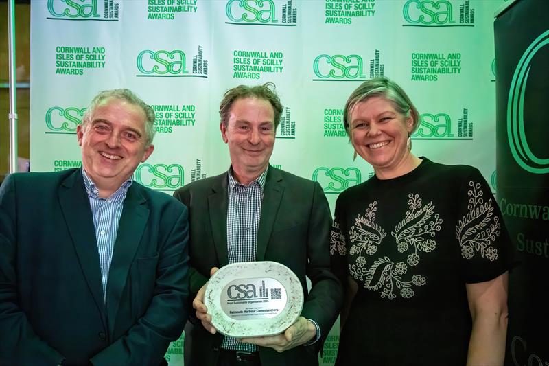 Winning combination – Falmouth Harbour CEO Miles Carden & Environment Manager Vicki Spooner flanking award sponsor for the Most Sustainable Medium Sized Organisation, Steve Taylor from The Future is Green Project, Cornwall College Group photo copyright Martyn Selley Photography taken at 