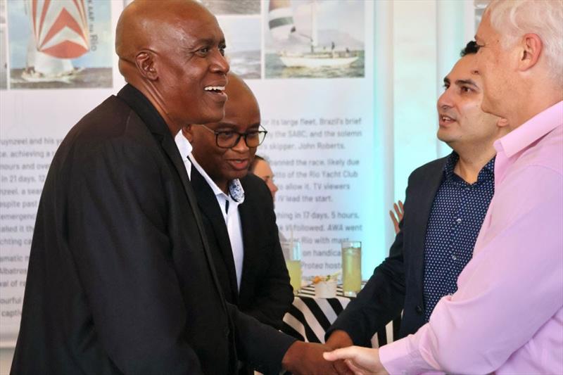 Sponsors rubbing shoulders at the Cape2Rio launch - Koos Mhlongo ( SAA Specialist Retail & Commercial), Thabani Mkhize (SAA General Manager Commercial), Leigh Pohl (Lattitude) and Viresh Maharaj (Alexforbes) photo copyright Royal Cape Yacht Club taken at Royal Cape Yacht Club