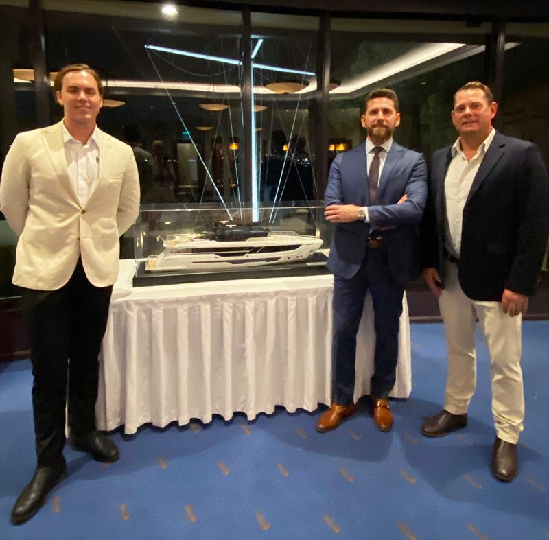 The Yacht Sales Co. sales executives Sam Stevenson (left) and Marcus Overman (right) celebrate the dealership appointment with Gulf Craft International Sales Manager Marios Christopoulos photo copyright The Yacht Sales Co. taken at  and featuring the  class