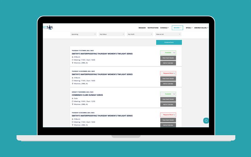 Crew see all of their upcoming sailing events in one place with a single-click availability response and add to calendar option photo copyright MySail taken at  and featuring the  class