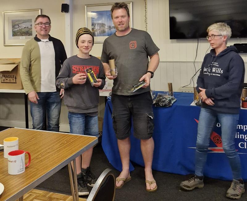 Non-foiler winners Rob and Harley Ford (centre) with Pete Miatt and Alex Gore presenting prizes for the Dinghy Shack National Series - photo © Tom Stewart