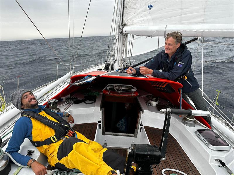 Rinze and Mehdi shooting the breeze, well, the lack of it photo copyright Team Outlaw / OGR2023 taken at  and featuring the Ocean Globe Race class