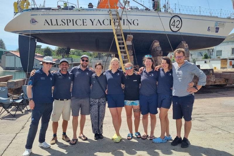 The crew hauled out in Mossel Bay fixing a rudder bracket ready for the Southern Ocean - photo © Sterna / All Spice Yachting