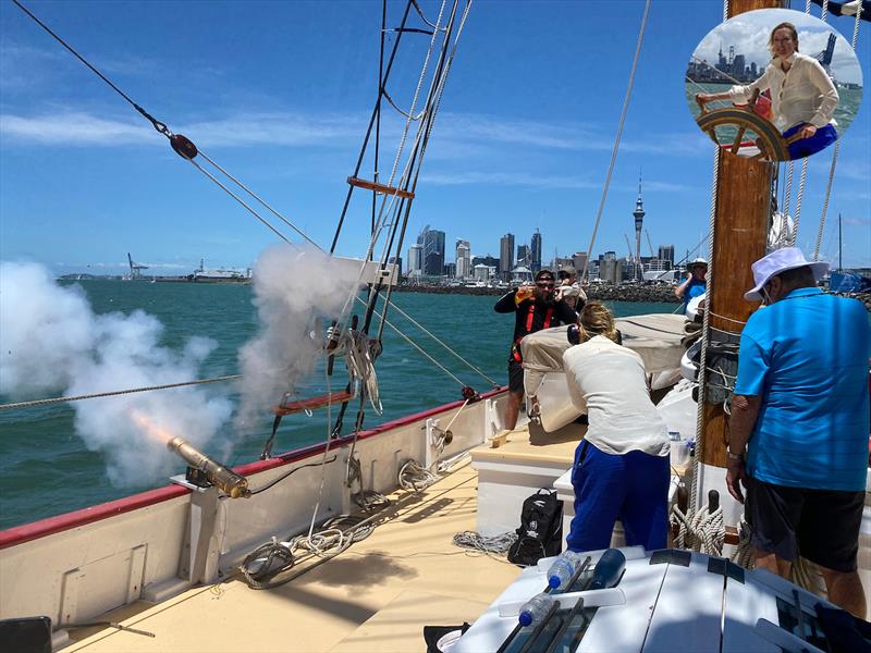 Sarah-Jane Blake firing the cannon, signaling the start of Leg 3 of the McIntyre Ocean Globe Race - photo © Christine Turner