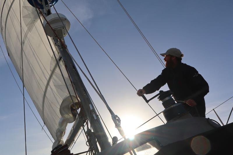 First Mate on Pen Duick VI Tom Napper ensuring Maiden don't gain an inch - photo © OGR2023 / Pen Duick VI