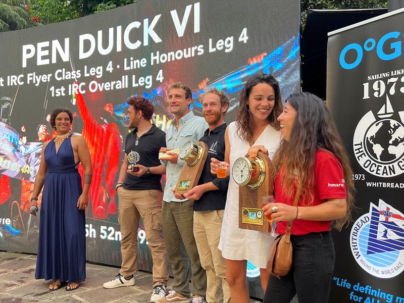 Marie Tabarly (far left) and some of the crew from Pen Duick VI celebrate their Leg 4 wins photo copyright Marco Ausderau / OGR2023 taken at  and featuring the Ocean Globe Race class