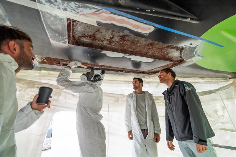 After removing the Nomex honeycomb structure from the delaminated area, a foam was glued in and the area was re-laminated - photo © Charles Drapeau / GUYOT environnement - Team Europe