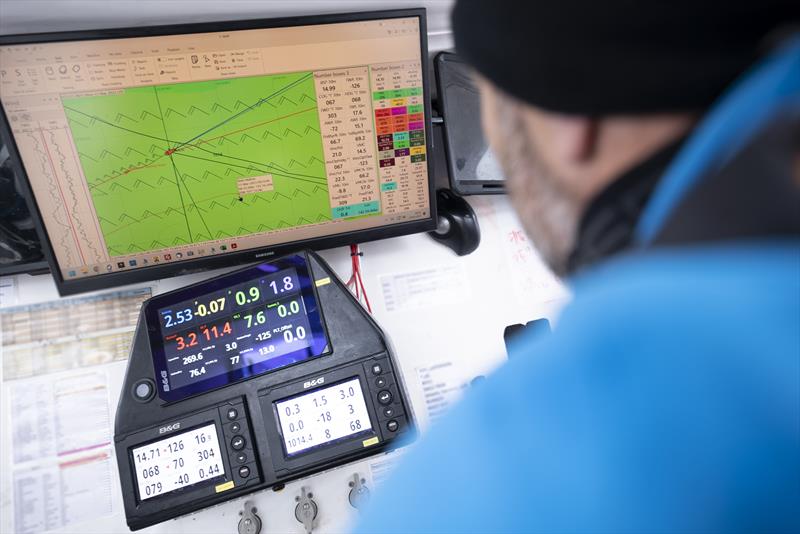 The Ocean Race 2022-23 Leg 3, Day 15 onboard 11th Hour Racing Team. Malama crosses the scoring gate on the cockpit 'Jumbotron' as seen from behind Simon Fisher's shoulder - photo © Amory Ross / 11th Hour Racing / The Ocean Race