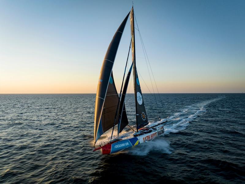 The Ocean Race 2022-23 - 10 June, Leg 6 Day 2 onboard 11th Hour Racing Team. Sunset drone view - photo © Pierre Bouras / 11th Hour Racing Team