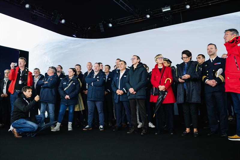 Officials Alain Leboeuf (President SAEM Vendee), Bruno Retailleau, Ministre de l'Interieur, Patricia Brochard (Sodebo President) and Yannick Moreau (Les Sables d'Olonne mayor) are pictured during the inauguration of the village of the Vendee Globe - photo © Jean-Louis Carli  / Alea / VG2024