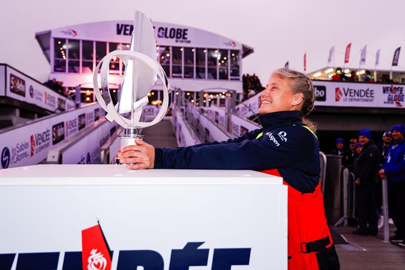 10th Vendée Globe departure - Pip Hare with the trophy - photo © Anne Beaugé / Alea