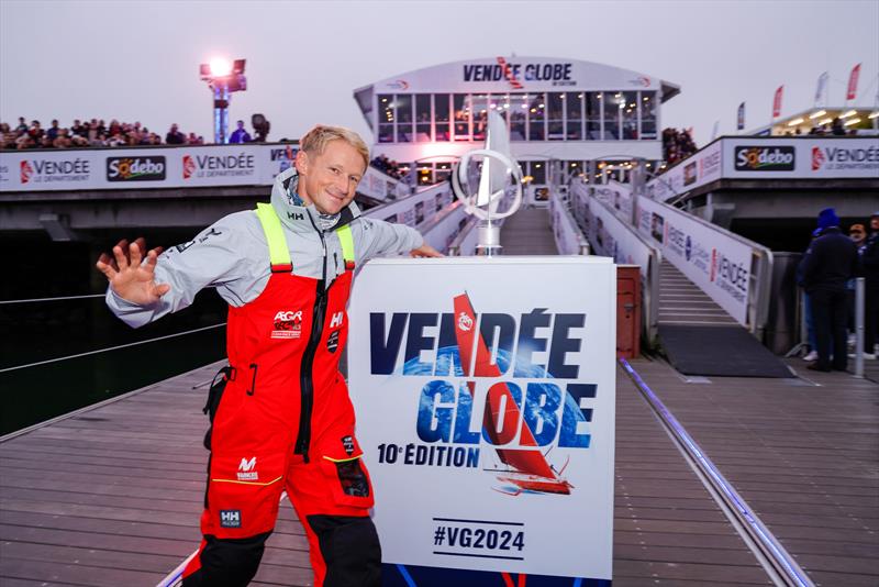 10th Vendée Globe departure -  Maxime Sorel walking past the trophy - photo © Anne Beaugé / Alea