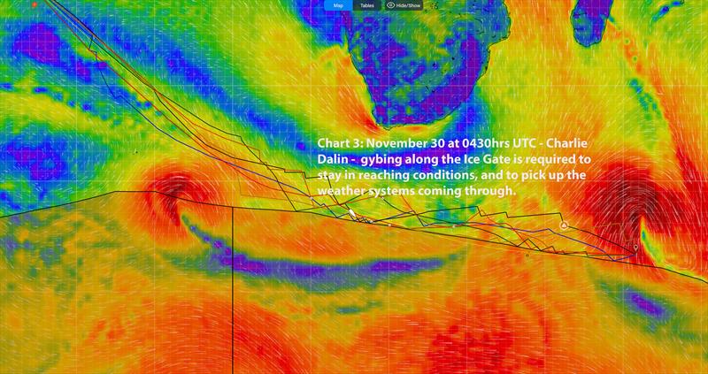 Chart 3 - November 30 - 0430hrs UTC - Plenty of gybes are required to stay close to the breeze and Ice Gat - photo © Predictwind/Sail-World