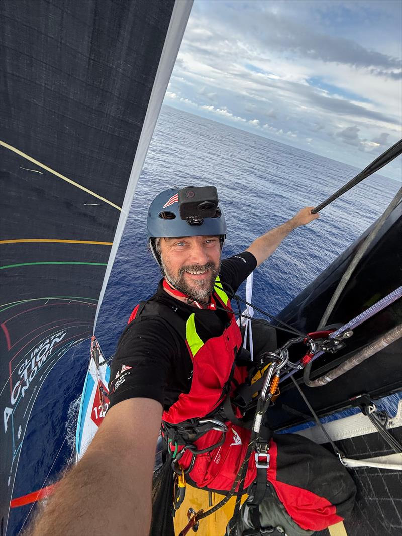 A smiling but somewhat nervous Malizia - Seaexplorer skipper high above the Ocean during the Vendée Globe 2024-25 - photo © Boris Herrmann / Team Malizia