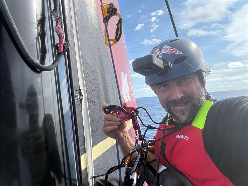 Undertaking a repair job 29 meters above the Ocean, damaged rope visible (top left, red) during the Vendée Globe 2024-25 - photo © Boris Herrmann / Team Malizia