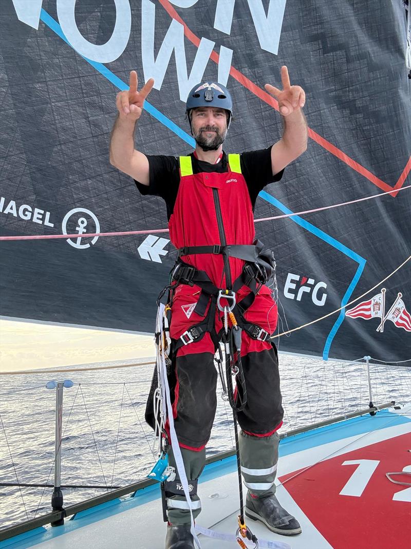 Another successful mast climb for Boris Herrmann (this photo was taken on Day 57) photo copyright Boris Herrmann / Team Malizia taken at  and featuring the IMOCA class