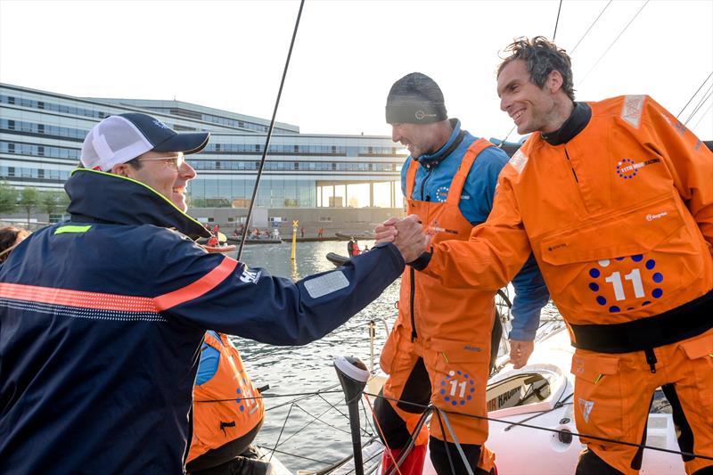 The Ocean Race 2022-23 - 29 May 2023. Arrivals in Aarhus, Denmark. The Ocean Race Chairman Richard Brisius congratulates Charlie Dalin for the 11th Hour Racing Team's first place in Leg 5 - photo © Sailing Energy / The Ocean Race