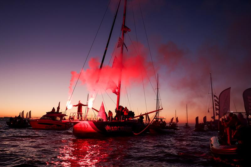 Sébastien Simon (FRA) is celebrating with flares after taking 3rd place in the Vendée Globe, on January 17, in Les Sables d'Olonne, France photo copyright Jean-Marie Liot / Alea taken at  and featuring the IMOCA class