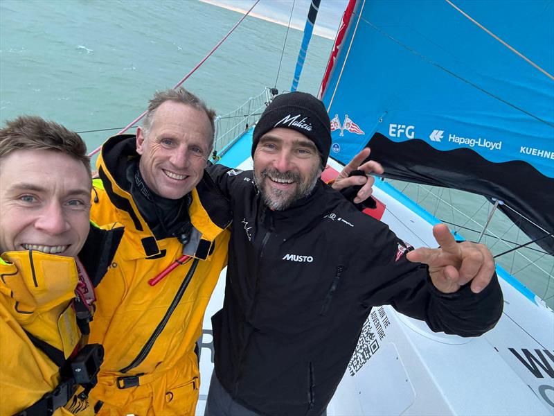 First hug in 80 days - Co-skipper Will Harris, Boat captain Stuart Mclachlan, and Boris Herrmann this morning after finishing the Vendée Globe - photo © Will Harris / Team Malizia