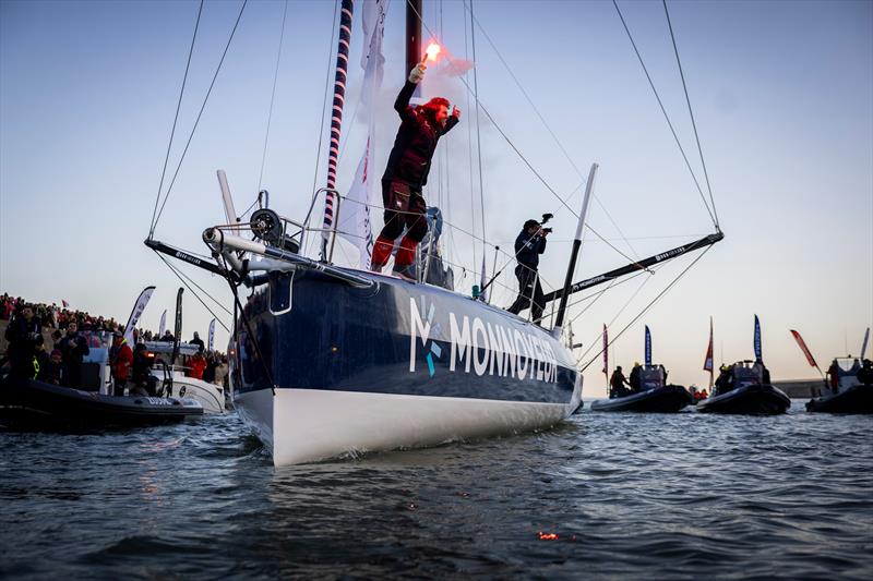 Benjamin Ferré celebrating after taking 16th place in the Vendée Globe photo copyright Jean-Marie Liot taken at  and featuring the IMOCA class