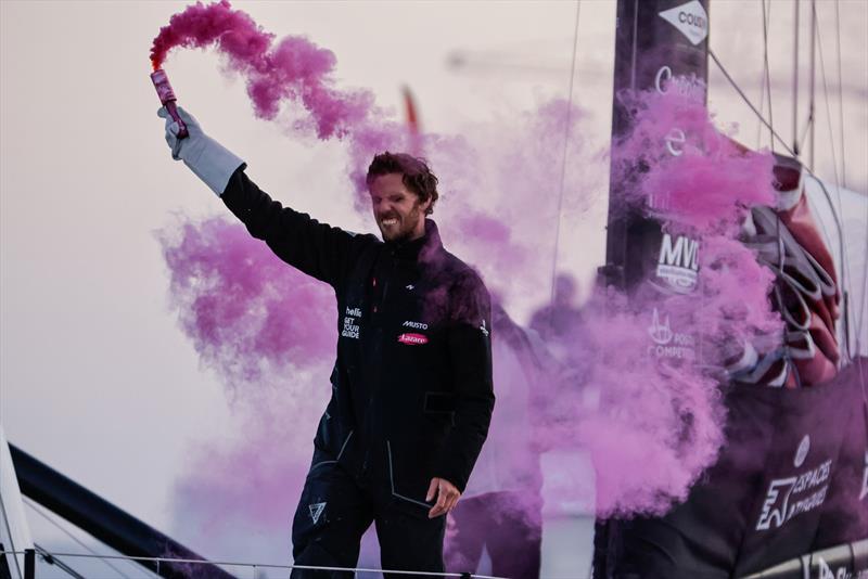 Tanguy Le Turquais celebrating after taking 17th place in the Vendée Globe photo copyright Anne Beauge taken at  and featuring the IMOCA class