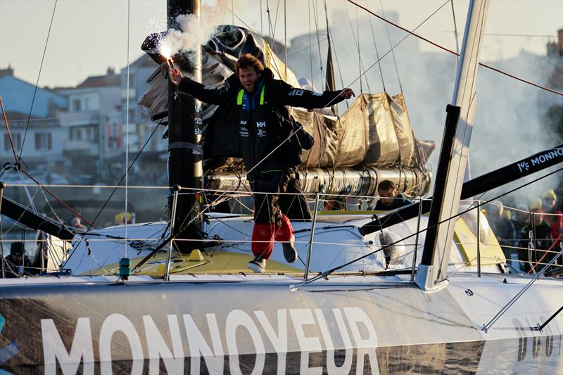 Benjamin Ferré celebrating after taking 16th place in the Vendée Globe photo copyright Anne Beauge taken at  and featuring the IMOCA class