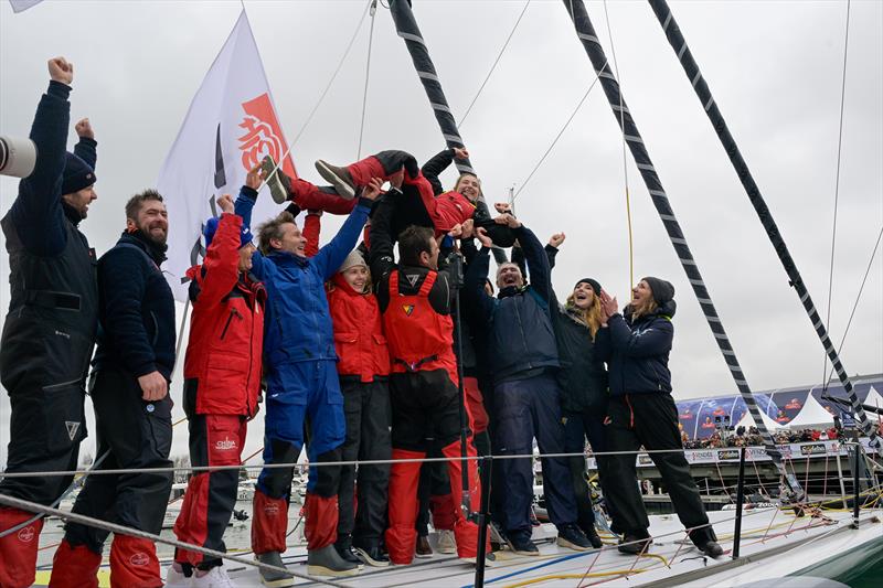 DeVenir skipper Violette Dorange (FRA) is celebrating with her family after taking 25th place in the Vendée Globe, on February 09, in Les Sables d'Olonne, France photo copyright Olivier Blanchet / Alea taken at  and featuring the IMOCA class