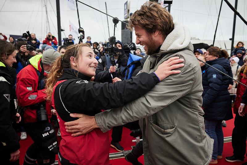 DeVenir skipper Violette Dorange (FRA) is celebrating with her family after taking 25th place in the Vendée Globe, on February 09, in Les Sables d'Olonne, France photo copyright Olivier Blanchet / Alea taken at  and featuring the IMOCA class