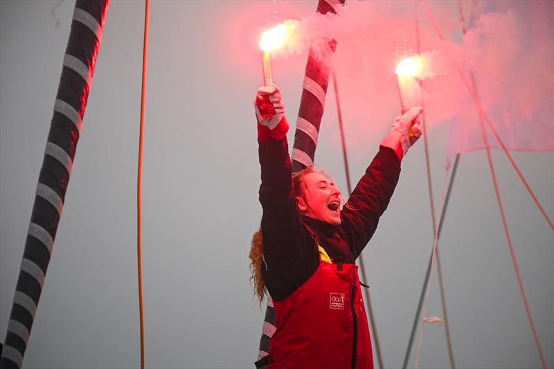 DeVenir skipper Violette Dorange (FRA) is celebrating after taking 25th place in the Vendée Globe, on February 09, in Les Sables d'Olonne, France photo copyright Vincent Curutchet / Alea taken at  and featuring the IMOCA class