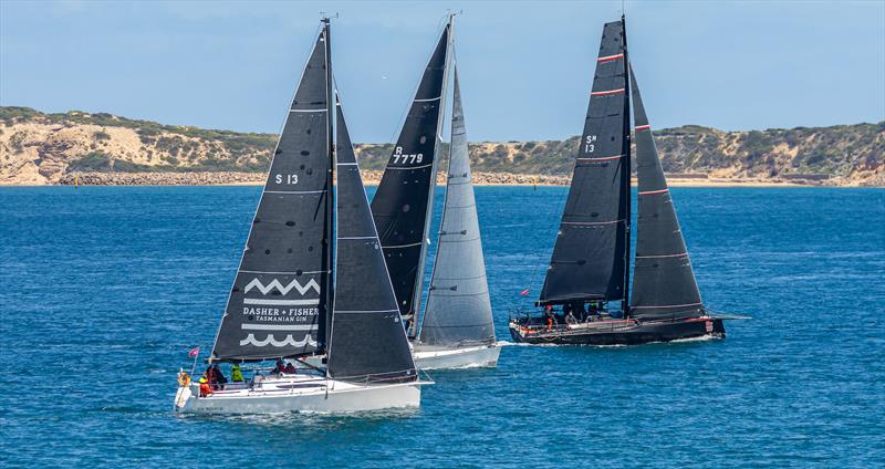 Rudder Cup winner DasherplusFisher How Bizarre (left) with Quixotic and Scarlet Runner (right) - 2024 Melbourne to Devonport Rudder Cup photo copyright Al Dillon taken at Ocean Racing Club of Victoria and featuring the ORC class