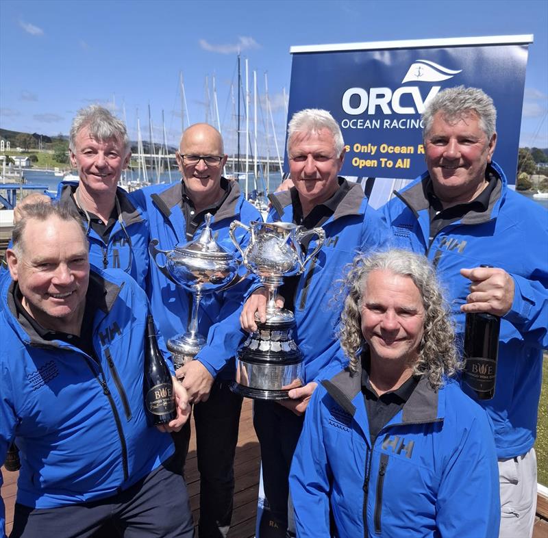 The crew of DasherplusFisher How Bizarre with the prestigious Rudder Cup  - 2024 Melbourne to Devonport Rudder Cup photo copyright Al Dillon taken at Ocean Racing Club of Victoria and featuring the ORC class