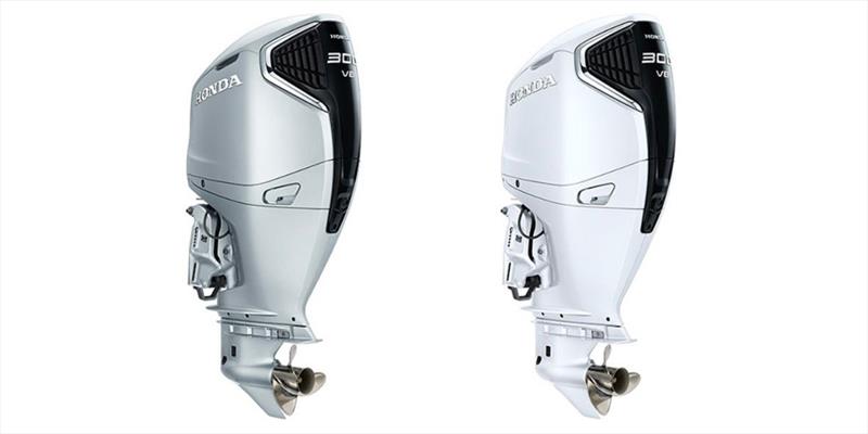 New BF300 outboard motor encased in Aquamarine Silver (left) or Grand Prix White (right) photo copyright Honda Motor Co, Ltd taken at  and featuring the Power boat class