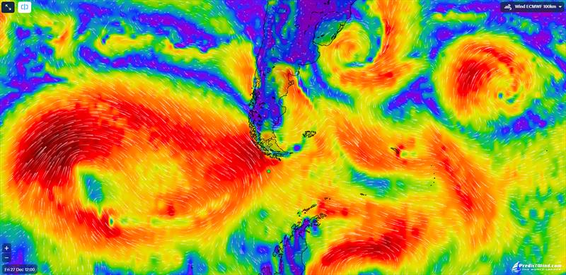 Current prognosis (2200hrs UTC) showing low presure cells advancing Cape Horn - Dec 28 2024 - photo © Predictwind