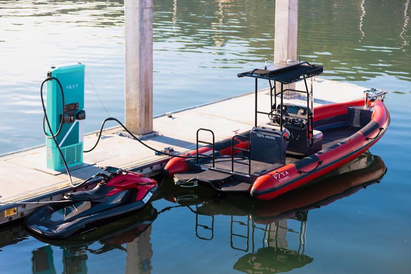 Taiga and Vita electric watercrafts connected to Aqua superPower's fast charger in the San Francisco Bay photo copyright Taiga Motors taken at  and featuring the RIB class