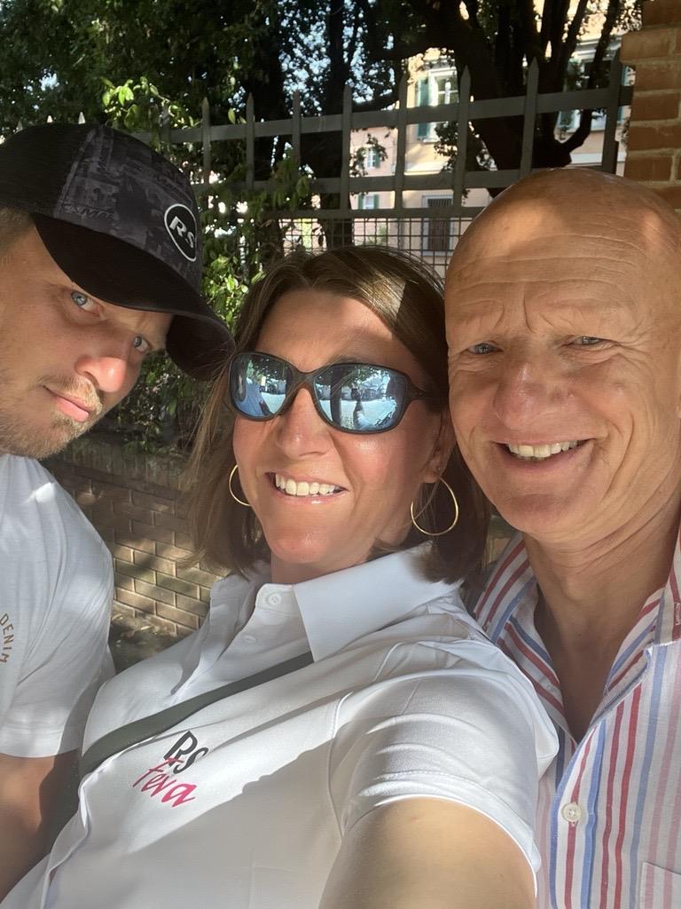 Jake Elsbury, Lucy and Nick Neve at the 2023 RS Feva World Championship in Follonica, Italy photo copyright Lucy Jameson taken at  and featuring the RS Feva class