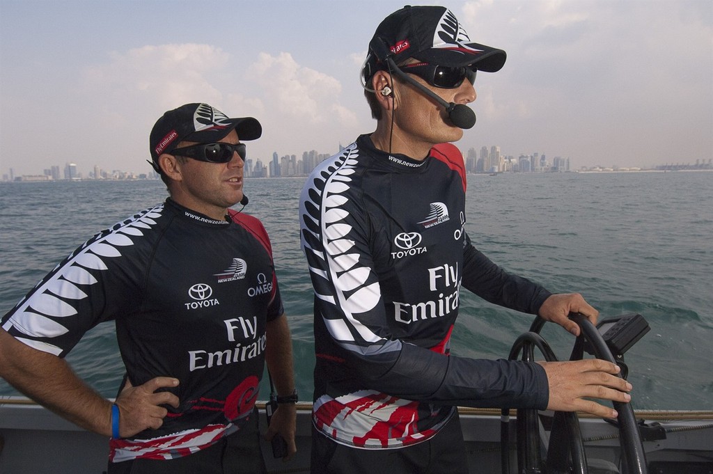 Emirates Team New Zealand Tactician Ray Davies and Dean Barker during a two hour official practice session with Artemis (SWE) 12/11/2010 - photo © Chris Cameron/ETNZ http://www.chriscameron.co.nz