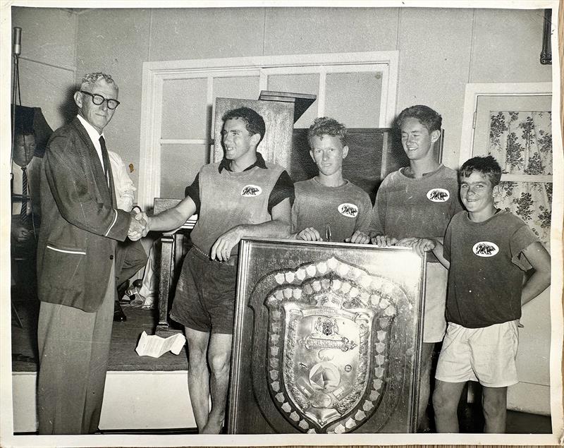 Frank Lepherd presents winning Botany Bay Stuart shield to Ken Beashel and crew of Big Bear 1960/61. Photo taken in our second of four clubhouses, now buried under the Captain Cook Bridge! - photo © St George Sailing Club