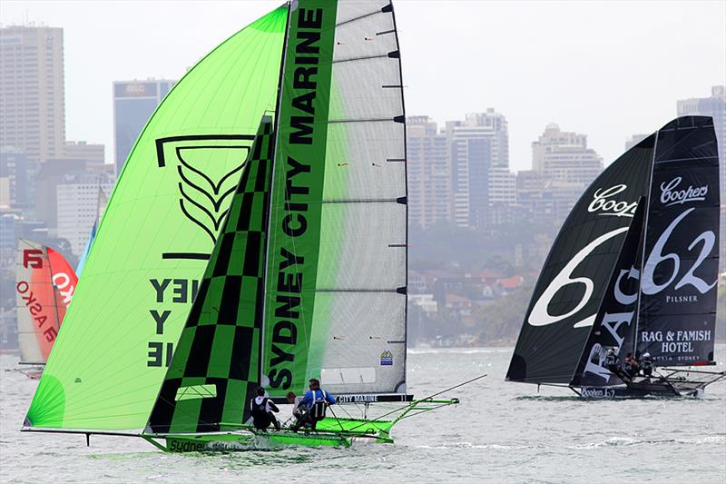 Sydney City Marine and Coopers 62-Rag & Famish Hotel battle for the minor placings in race 1 of the 18ft Skiff Australian Championship - photo © Frank Quealey