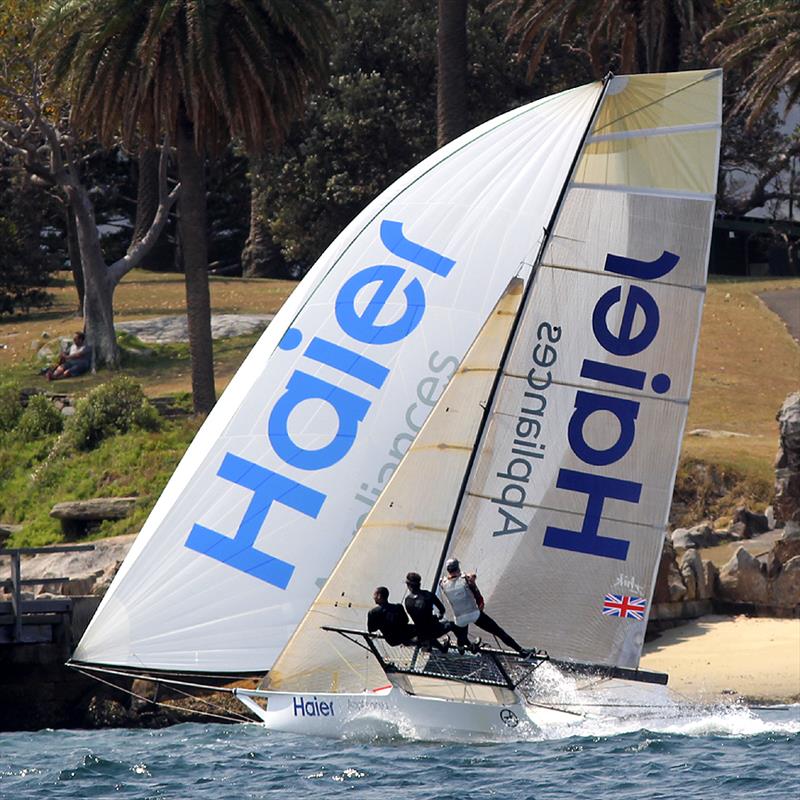 The UK team on Haier Appliances in race 2 of the 18ft Skiff Australian Championship photo copyright Frank Quealey taken at Australian 18 Footers League and featuring the 18ft Skiff class