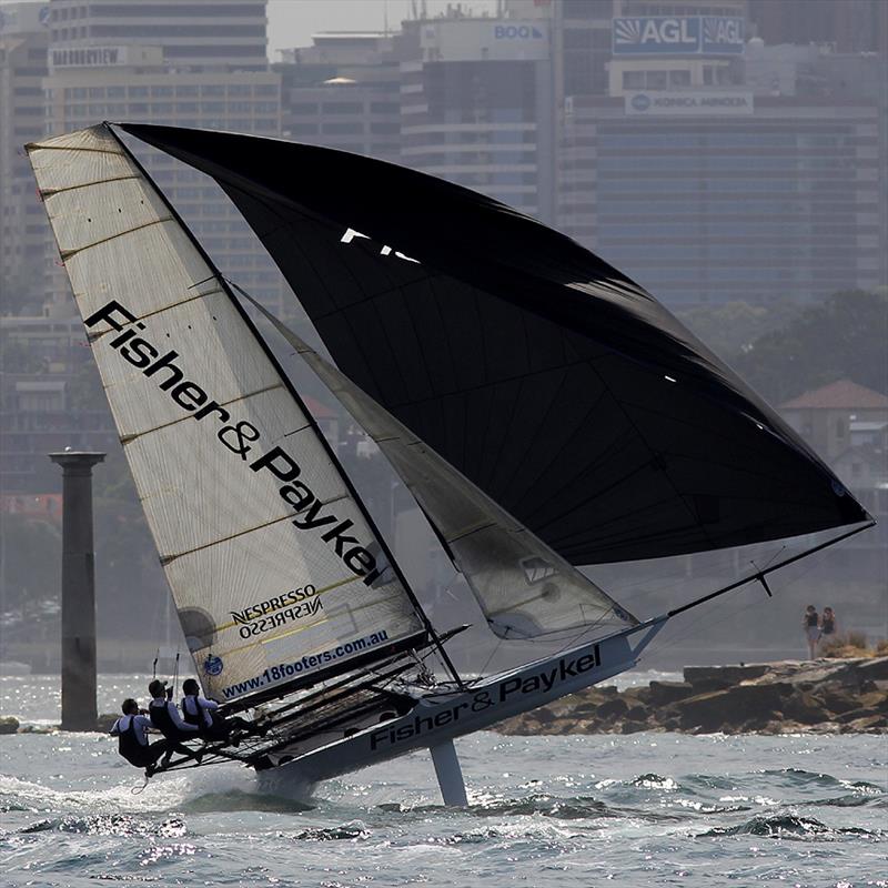 Fisher & Paykel airborne in race 2 of the 18ft Skiff Australian Championship - photo © Frank Quealey