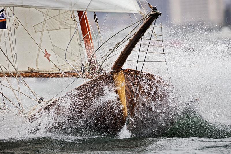 Scot carves up some water at the Historical 18ft Skiff Australian Championship photo copyright Andrea Francolini taken at Sydney Flying Squadron and featuring the 18ft Skiff class