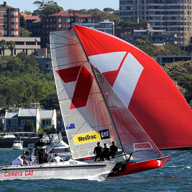 The 18ft League's camera boat tracks the winner home during race 4 of the 18ft Skiff Australian Championship photo copyright Frank Quealey taken at Australian 18 Footers League and featuring the 18ft Skiff class