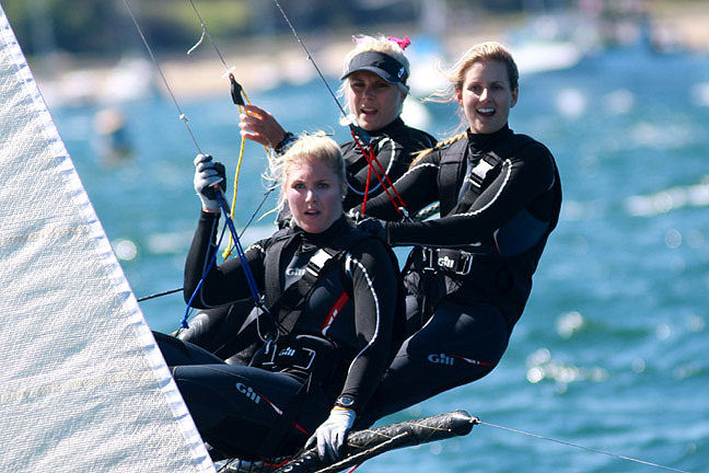 Skiff chicks in action during the Australian 18ft Skiff 3-Buoys Challenge photo copyright Frank Quealey taken at Sydney Flying Squadron and featuring the 18ft Skiff class