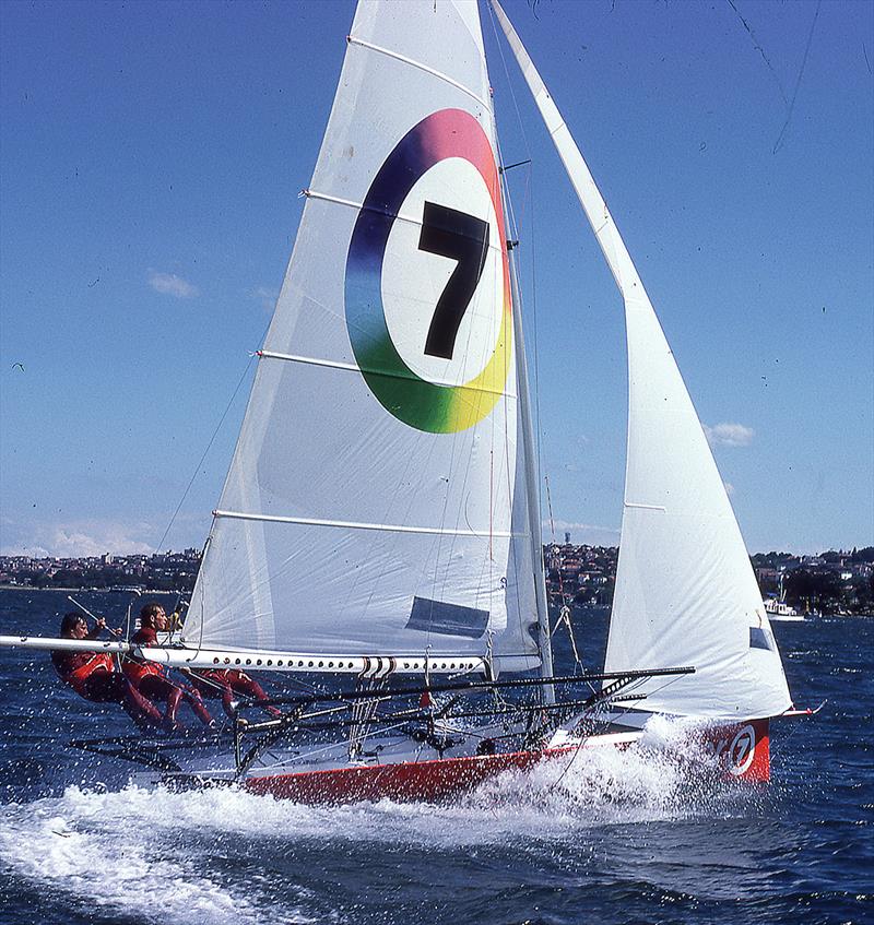 Color 7, with wings, in January 1982 photo copyright Bob Ross  taken at Australian 18 Footers League and featuring the 18ft Skiff class