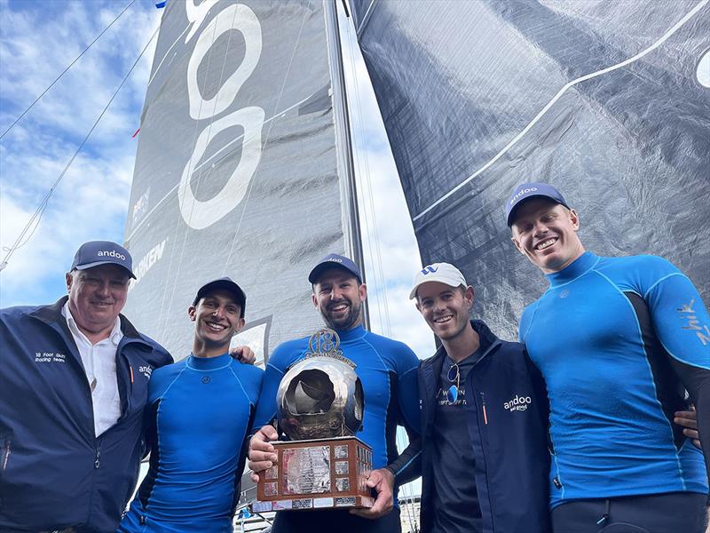 2022 JJ Giltinan-winning Andoo crew with Iain Murray and sponsor, John Winning Jr photo copyright Jessica Crisp taken at Australian 18 Footers League and featuring the 18ft Skiff class