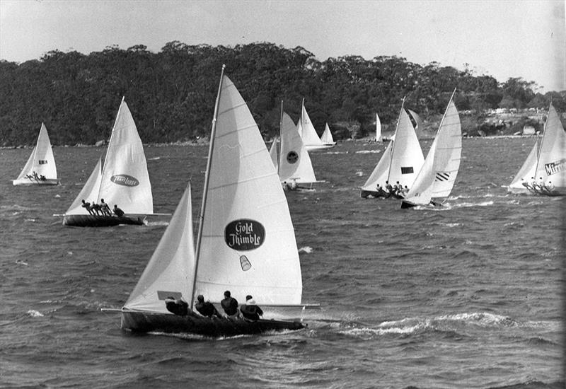 Willie B (striped rectangle) in a fleet in strong wind during the late 1960s photo copyright John Steamer Stanley collection taken at Australian 18 Footers League and featuring the 18ft Skiff class