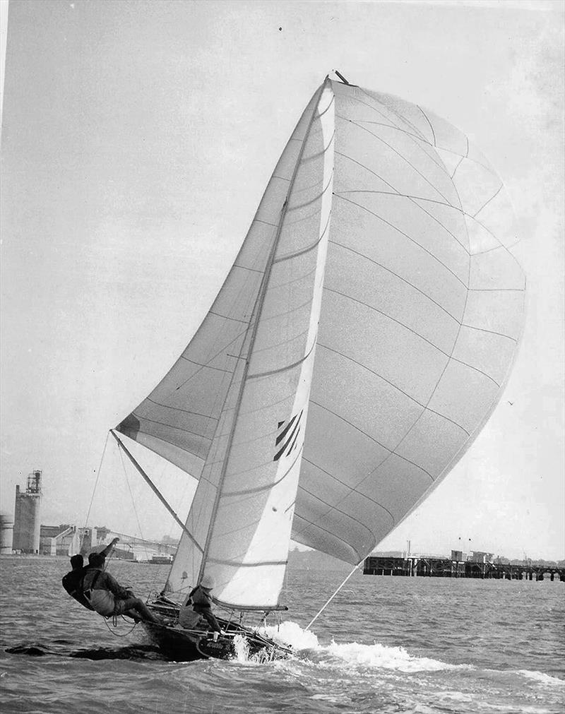 Willie B, with her large spinnaker, on the Brisbane River photo copyright John Steamer Stanley collection taken at Australian 18 Footers League and featuring the 18ft Skiff class