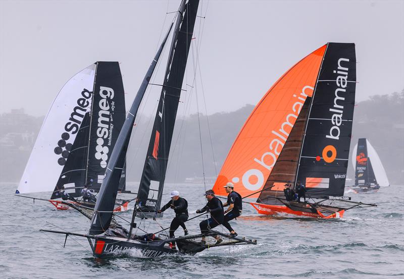 Smeg and Balmain under spinnakers shortly after rounding the weather mark - 2024 18ft Skiff NSW Championship - photo © SailMedia