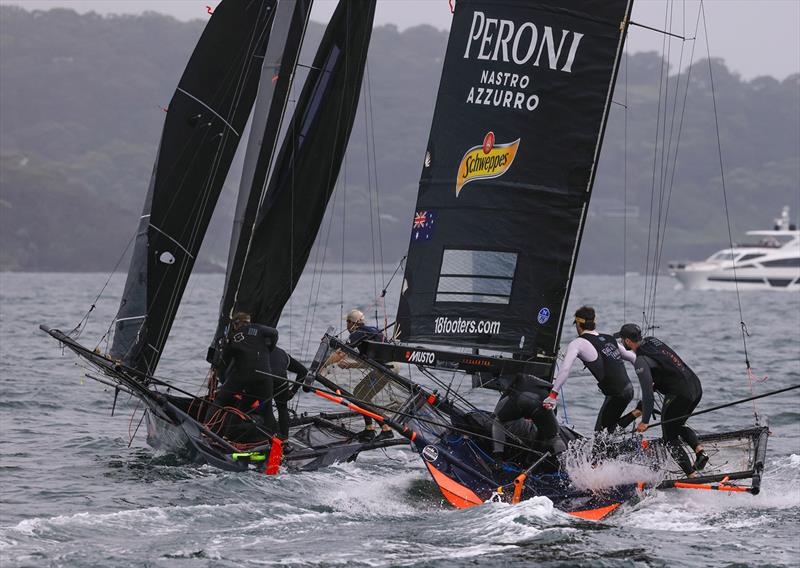 Lazarus and The Rag crews about to go for spinnakers - 2024 18ft Skiff NSW Championship photo copyright SailMedia taken at Australian 18 Footers League and featuring the 18ft Skiff class