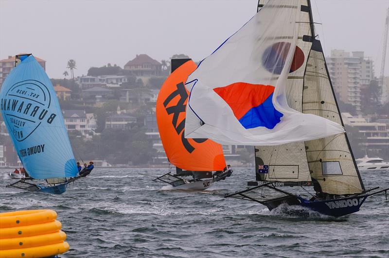 Coming to the bottom mark - 2024 18ft Skiff NSW Championship photo copyright SailMedia taken at Australian 18 Footers League and featuring the 18ft Skiff class